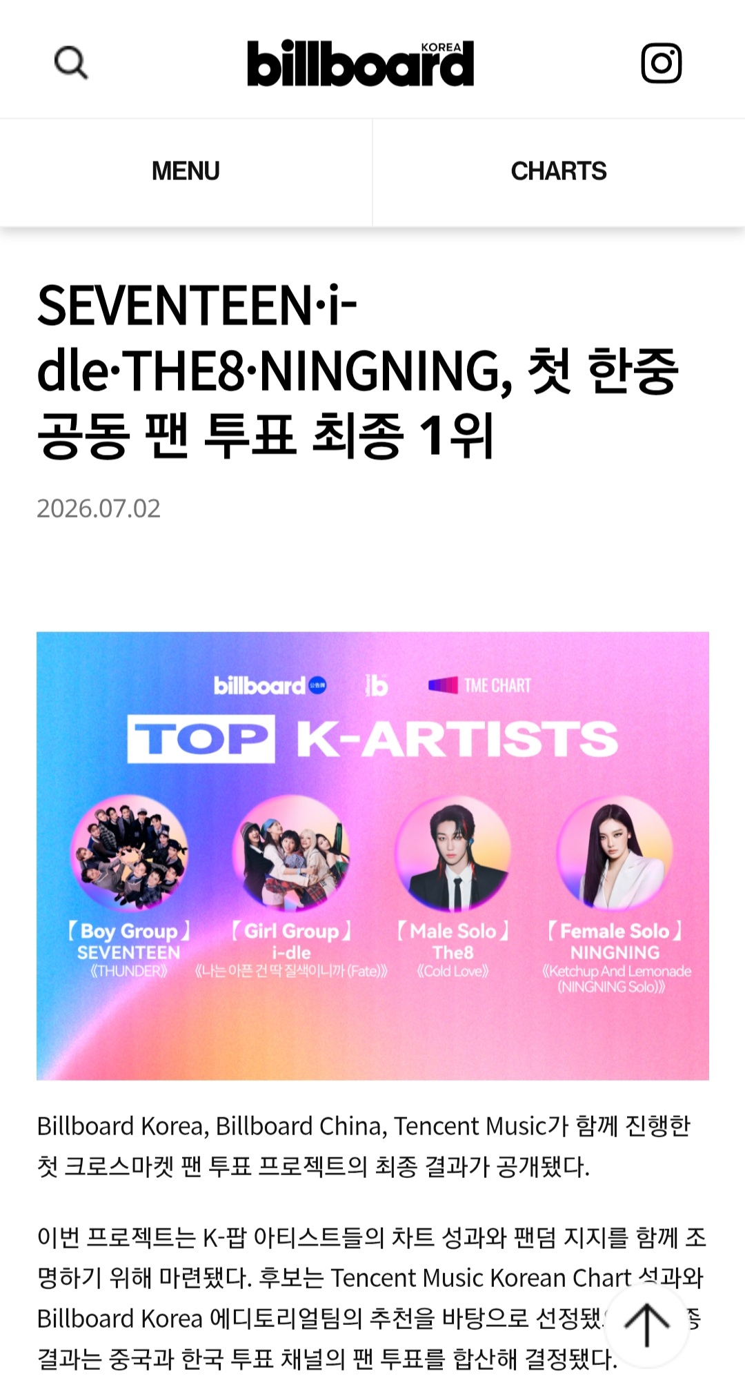 [정보/소식] 빌보드 top k artist 한중 공동 투표 결과 최종 1위 | 인스티즈