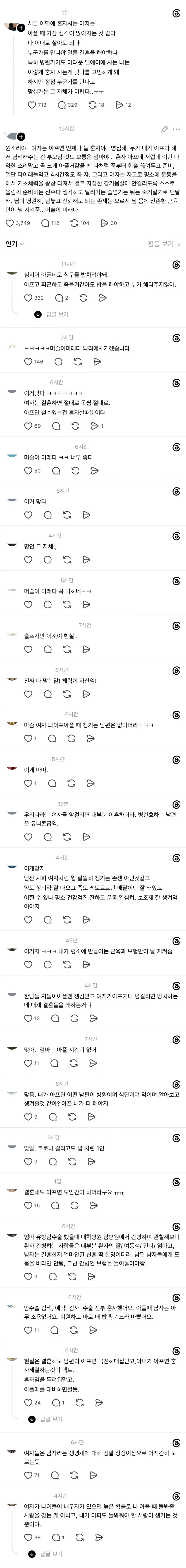 서른 여덟에 혼자 사는 여자는 아플 때 가장 생각이 많아지는 것 같다.thread | 인스티즈