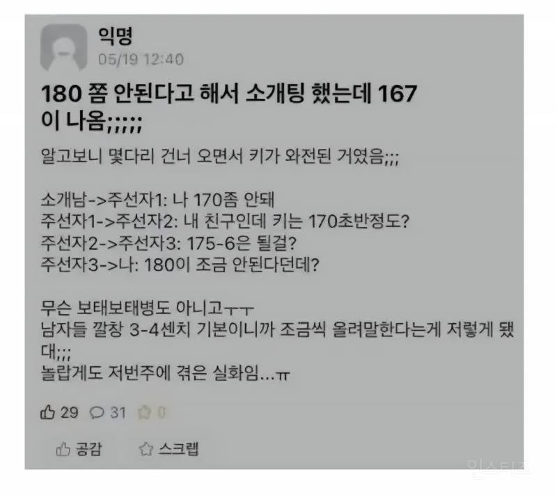 소개팅남 키 180 조금 안된다고 했는데 167이 나온 썰. jpg | 인스티즈