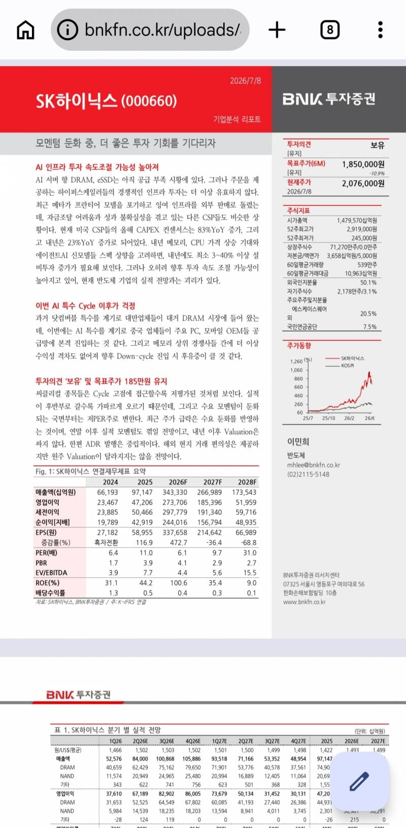 [잡담] bnk투자증권 하이닉스 목표주가 무려 '185만원' | 인스티즈