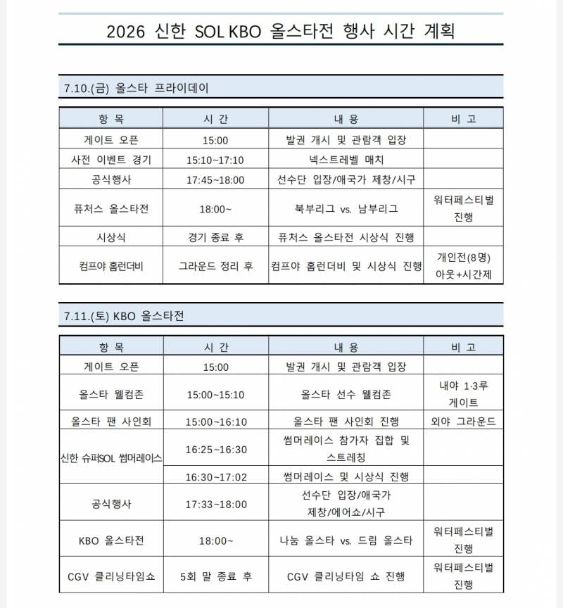 [정보/소식] 2026 KBO 올스타전 행사 시간 계획 | 인스티즈