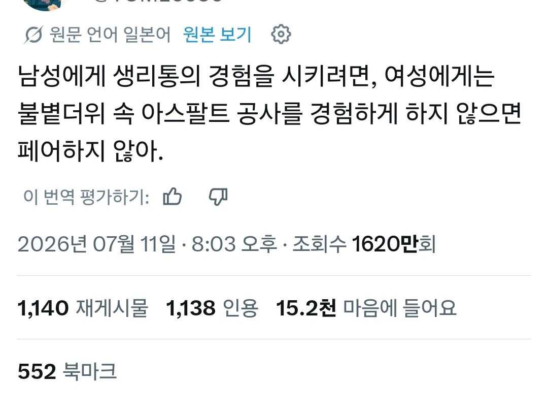 [잡담] 남성에게 생리통의 경험을 시키려면, 여성에게는 불볕더위 속 아스팔트 공사를 경험하게 하지 않으면 공정하지 않아 | 인스티즈