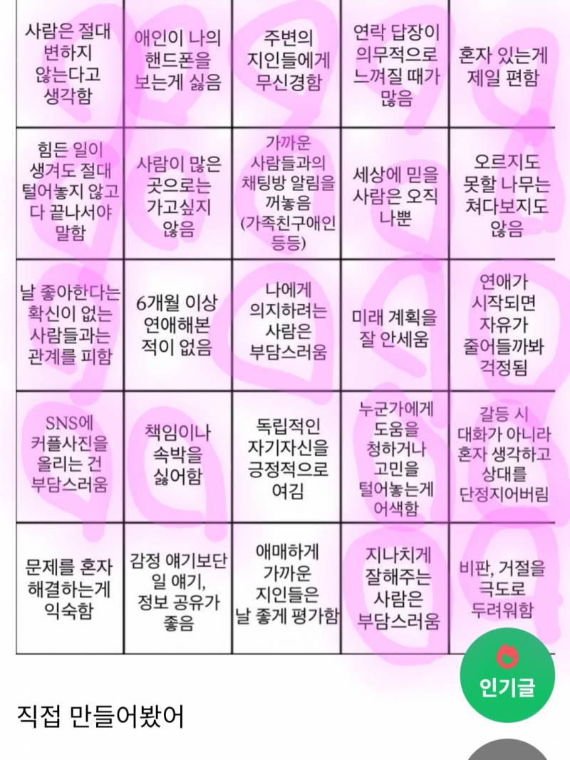 [잡담] 회피형 빙고 해봤는데 ㅋㅋㅋ | 인스티즈