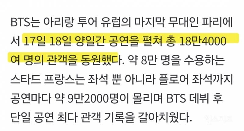 방탄 프랑스콘 양일 184000명 동원 | 인스티즈