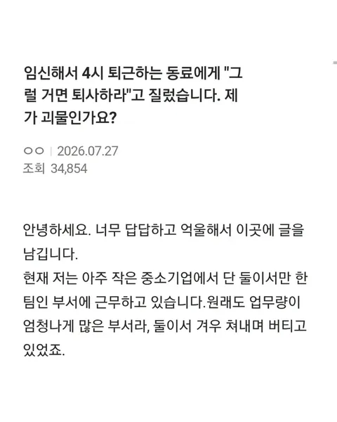 4시퇴근하는 임신한 동료에게 퇴사하라고했는데 제가 괴물인가요? | 인스티즈