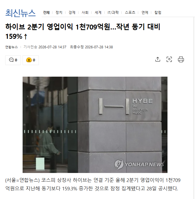 [정보/소식] [속보] 하이브 2분기 영업이익 | 인스티즈