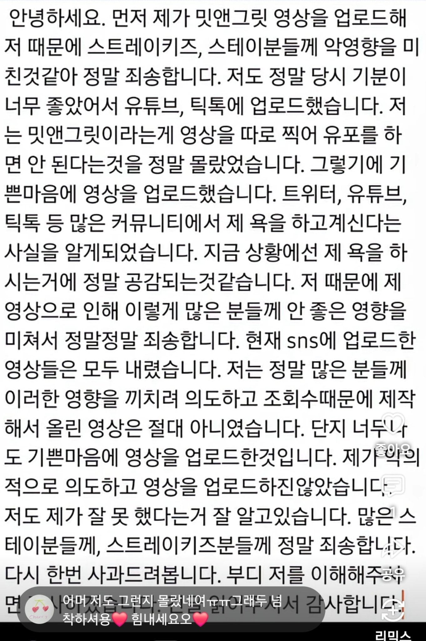 [잡담] ㅅㅋㅈ 밋앤그릿 영상 올린 사람 사과문 올라옴 | 인스티즈