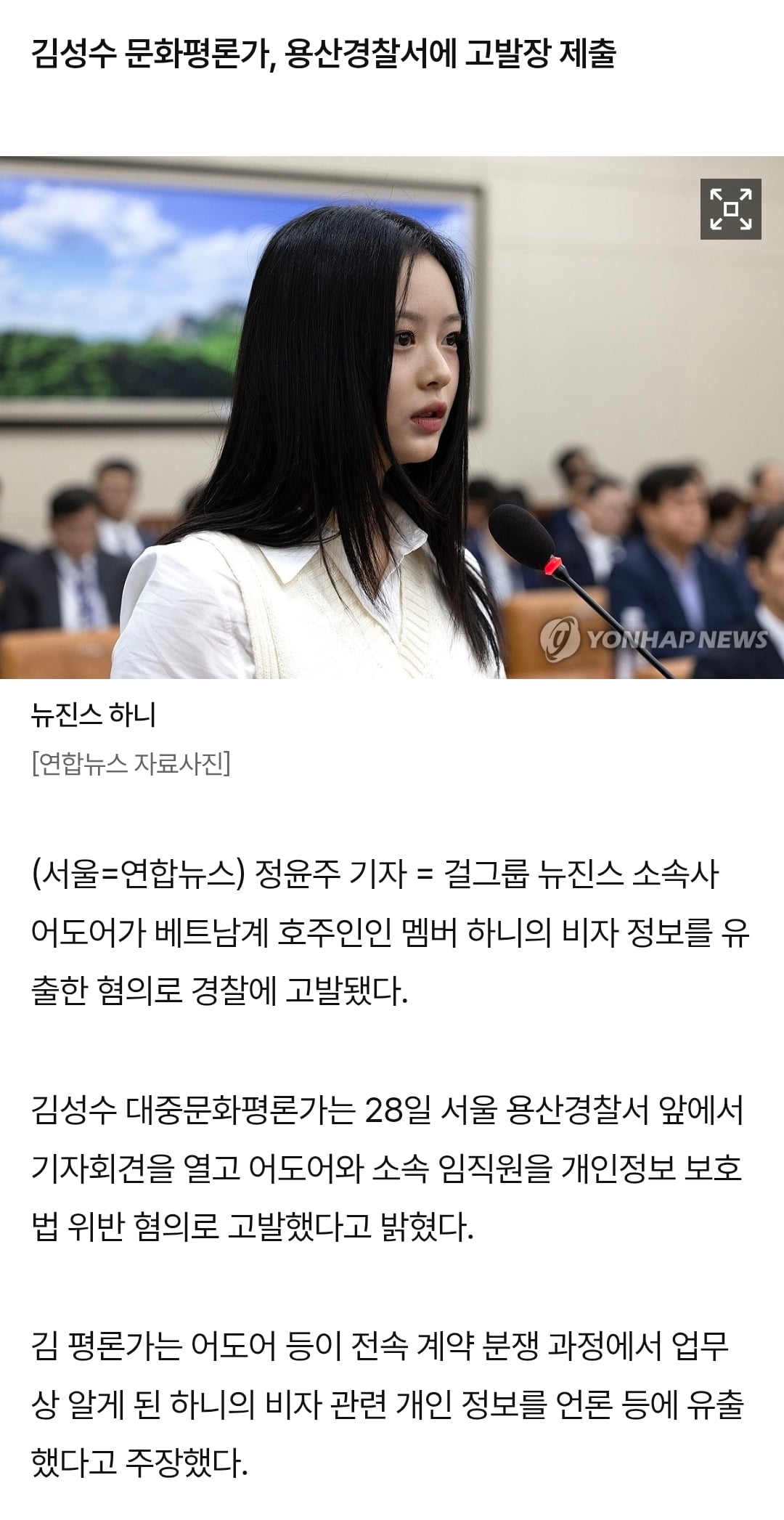 [정보/소식] 어도어, 하니 비자정보 유출 혐의로 피고발…"불법체류자 낙인" | 인스티즈