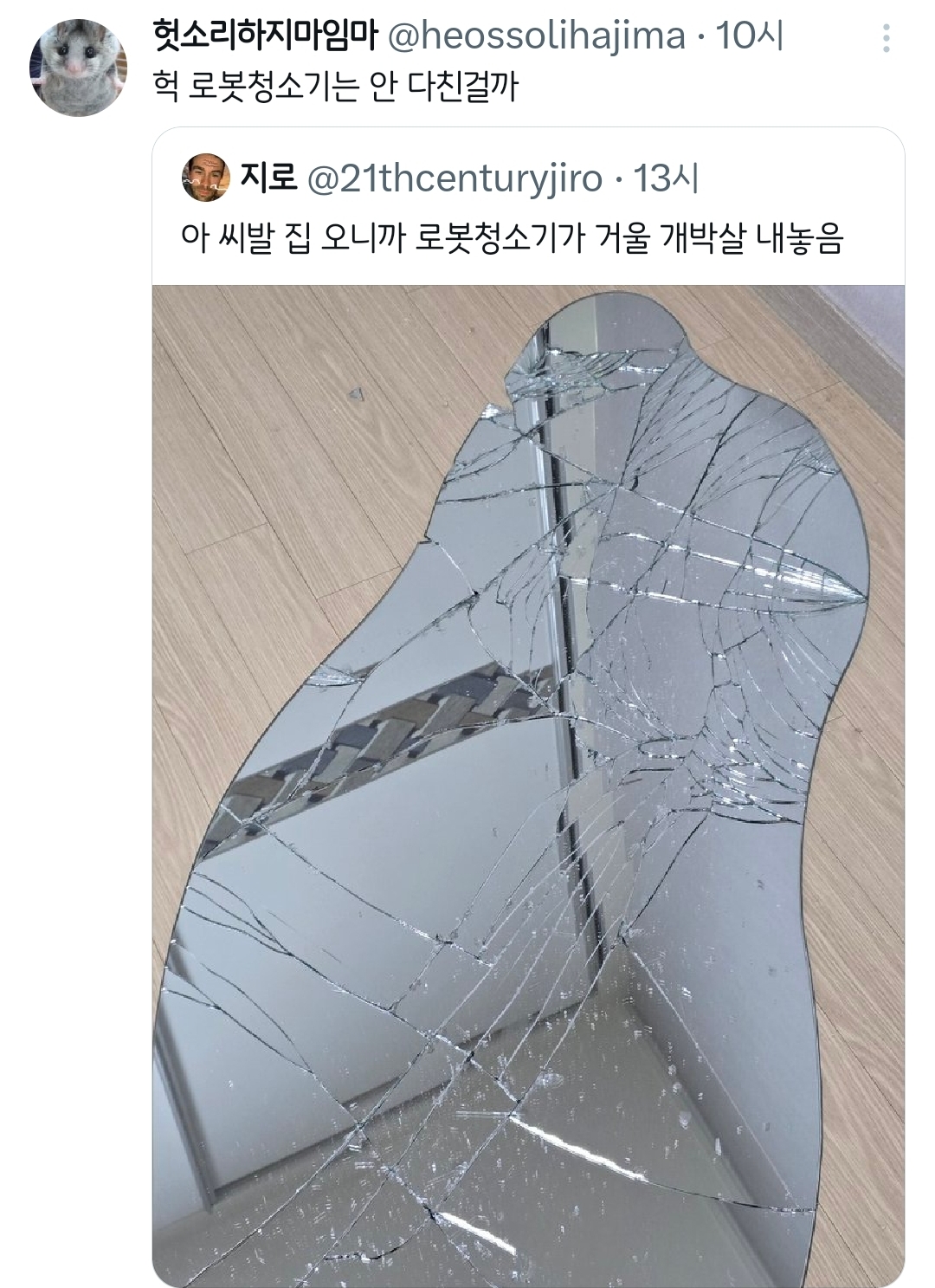 아 집 오니까 로봇청소기가 거울 개박살 내놓음.twt | 인스티즈