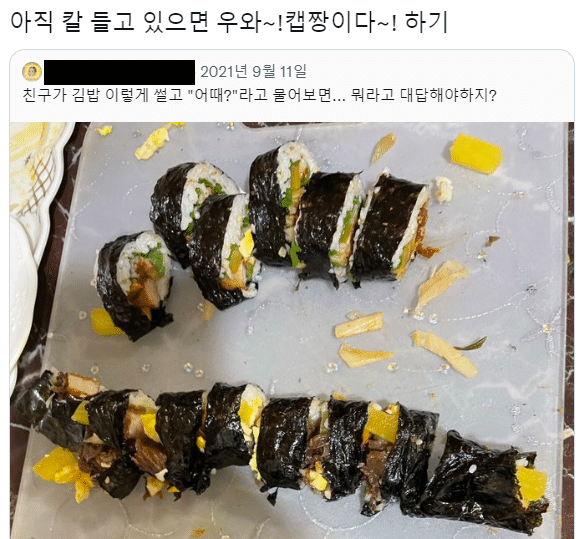 친구가 김밥을 이렇게 썰고 어때? 하고 물어보면 | 인스티즈