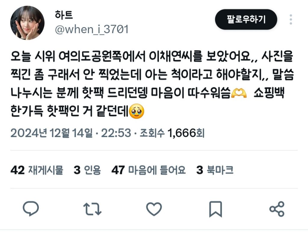 계엄 다음날 바로 "연예인 이니깐 목소리 내는거지" 말하던 이채연 오늘 시위도 참여 | 인스티즈