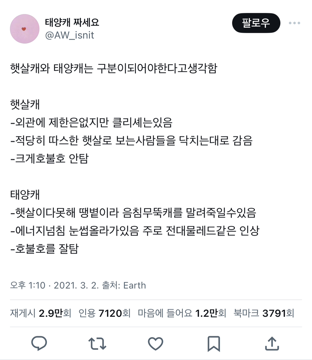 태양캐와 햇살캐는 구분되어야한다고생각함.twt | 인스티즈