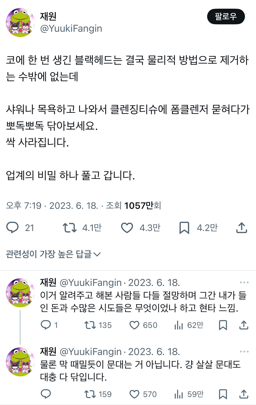 코에 한 번 생긴 블랙헤드는 결국 물리적 방법으로 제거하는 수밖에 없는데.twt | 인스티즈
