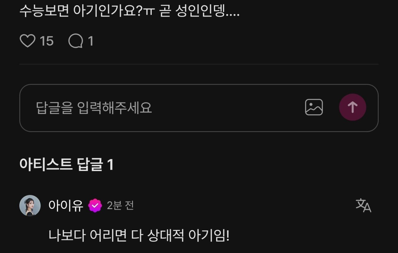 수능 응원 댓글 달다가 갑자기 개정색하는 아이유.jpg | 인스티즈