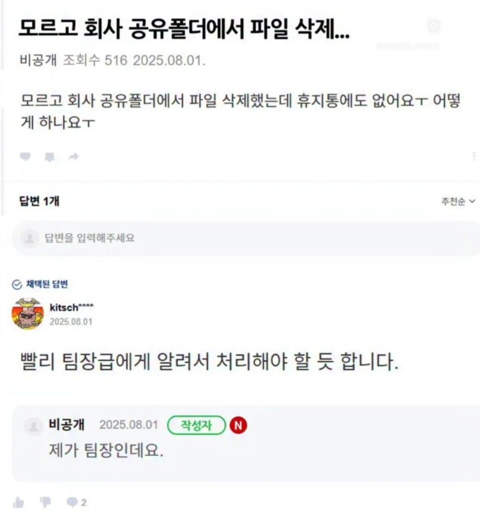 실수로 회사 공유폴더 삭제한 직원 | 인스티즈