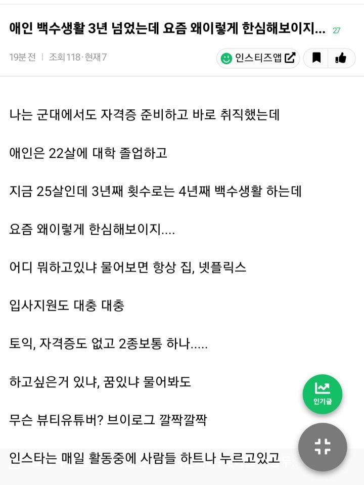 애인 백수생활 3년 넘었는데 요즘 왜이렇게 한심해보이지 | 인스티즈