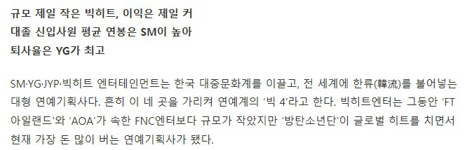 4대 엔터 (SM YG JYP 빅히트) 신입사원, 대리급 연봉 및 복지, 퇴사율 비교 | 인스티즈
