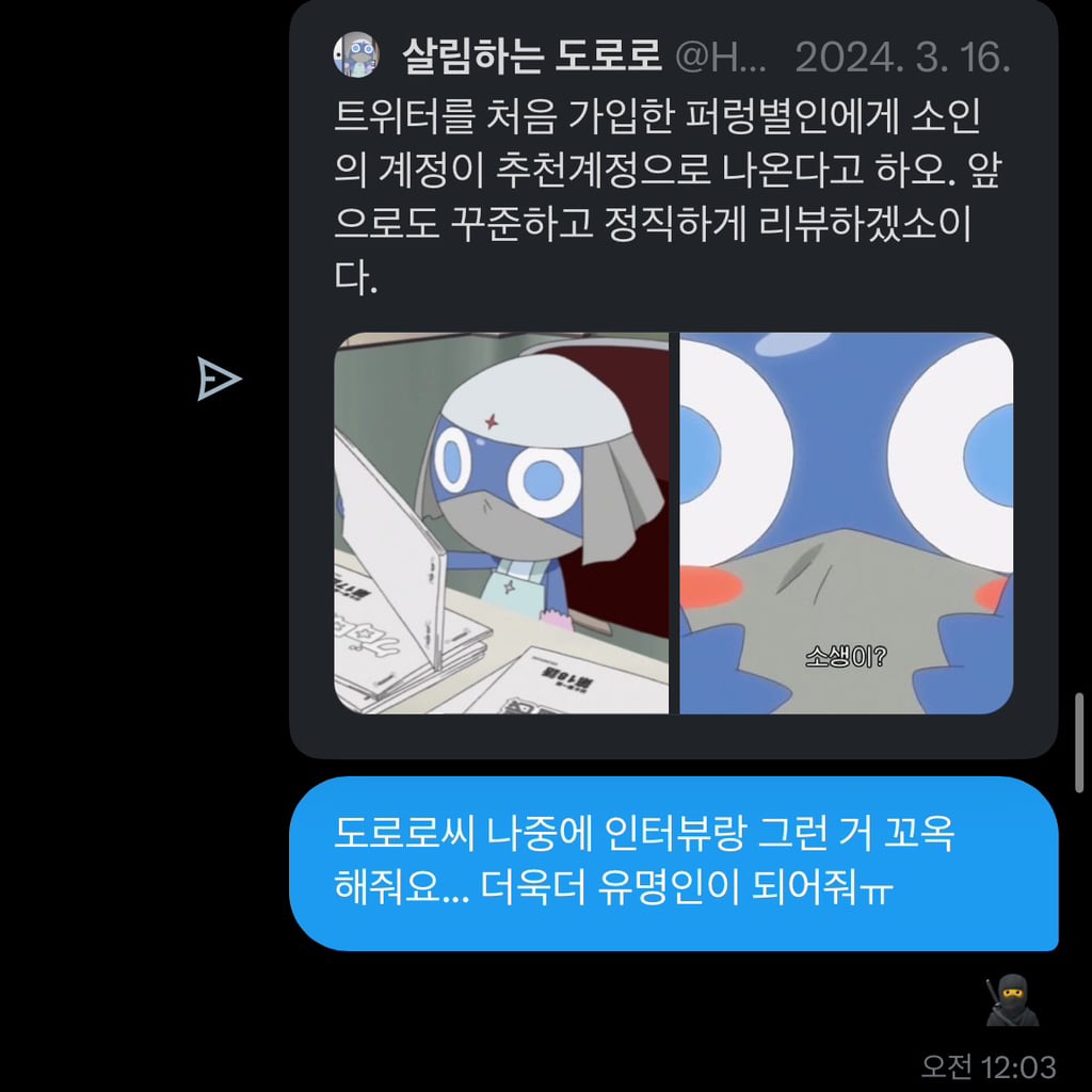 트위터 네임드인 살림하는 도로로랑 나눈 대화인데 방금 답장 받고 울컥함 | 인스티즈