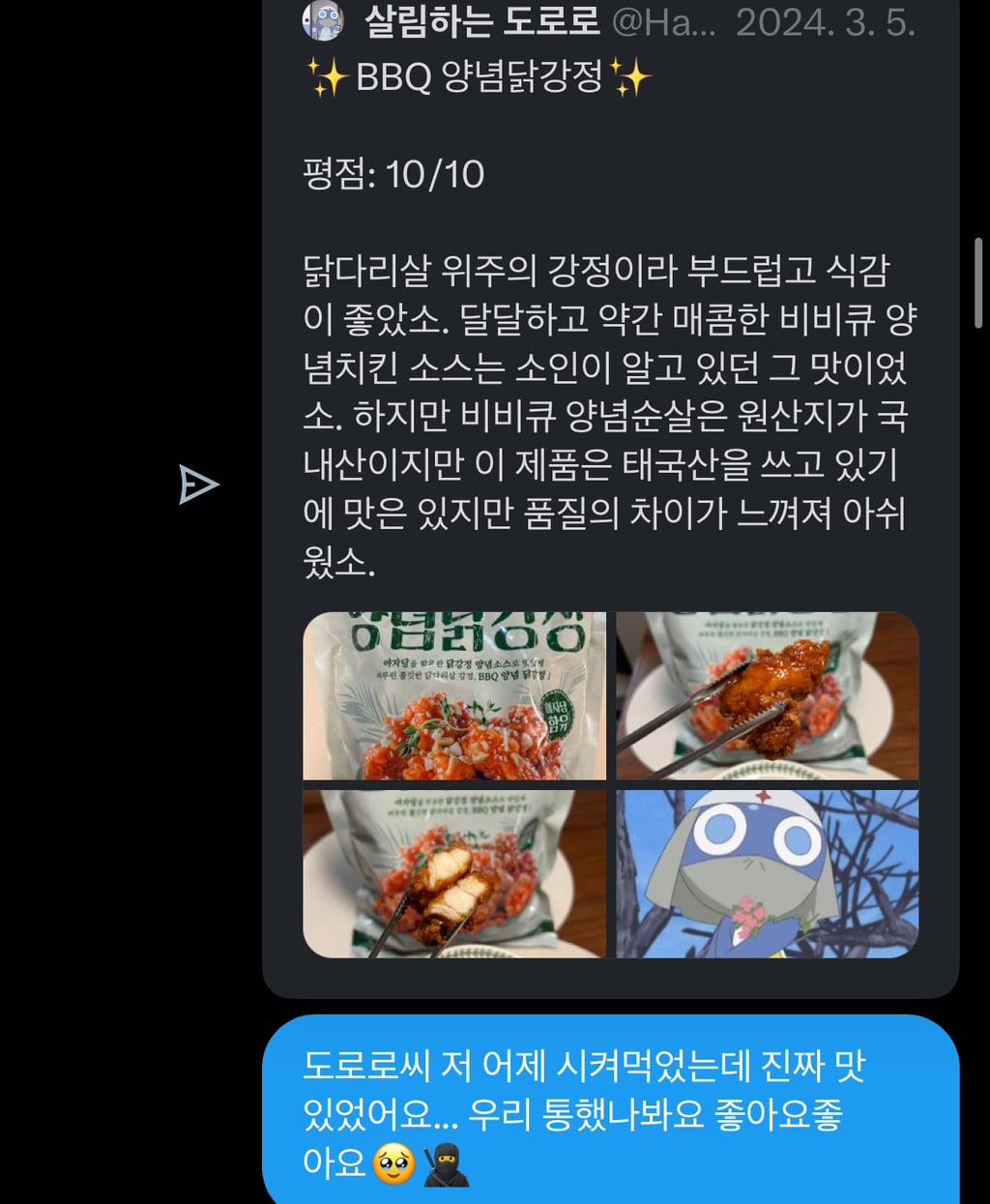트위터 네임드인 살림하는 도로로랑 나눈 대화인데 방금 답장 받고 울컥함 | 인스티즈