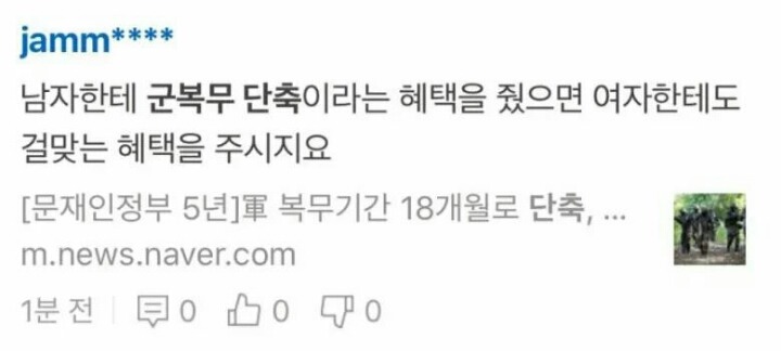 남자한테 군복무 단축이라는 혜택을 줬으니 여자한테도 걸맞는 혜택을 달라는 네이버댓글 | 인스티즈
