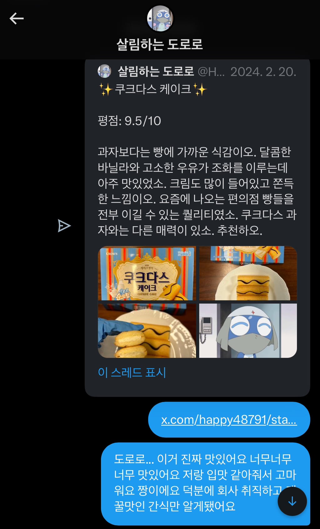 트위터 네임드인 살림하는 도로로랑 나눈 대화인데 방금 답장 받고 울컥함 | 인스티즈