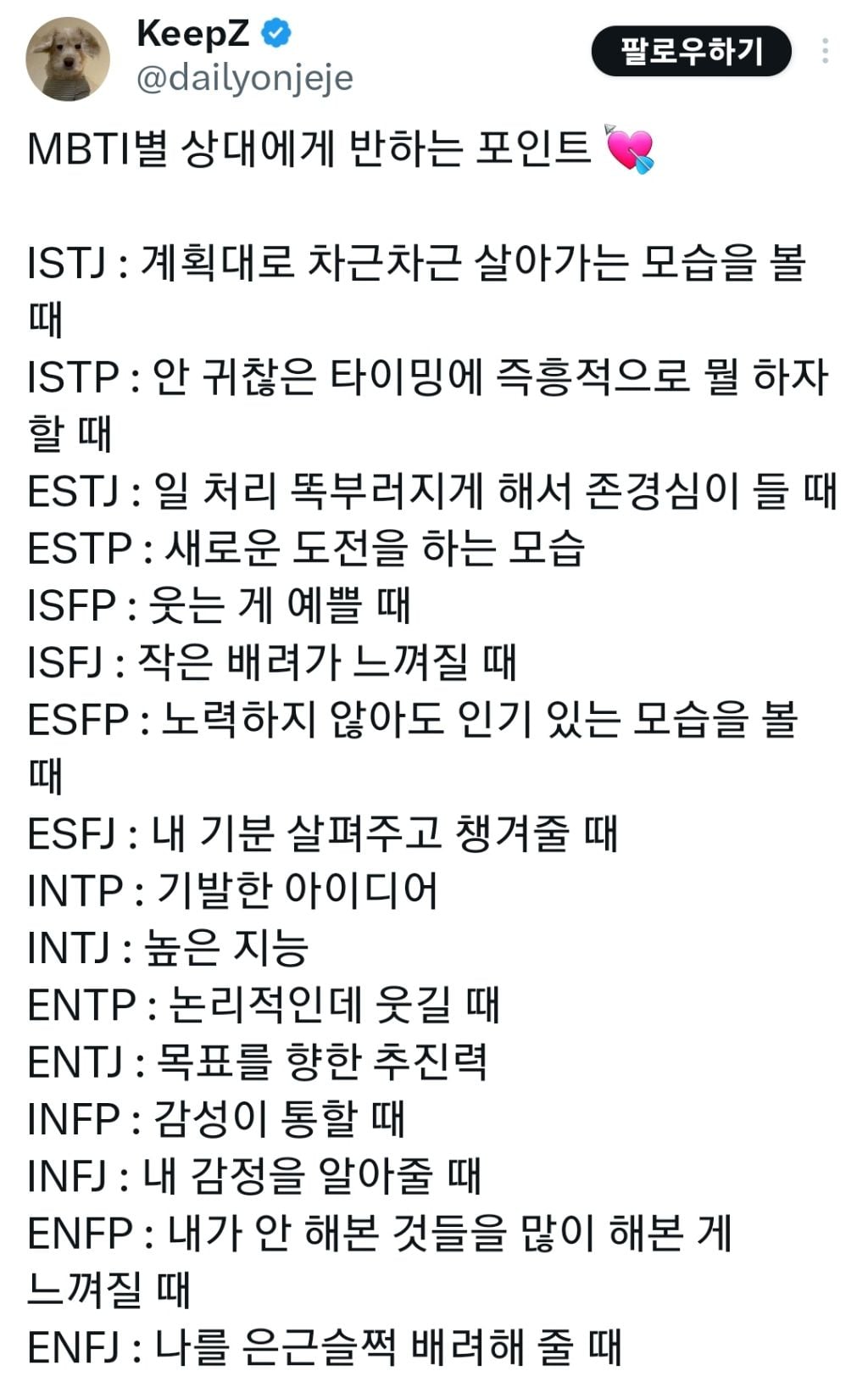 MBTI별 상대에게 반하는 포인트 💘 | 인스티즈