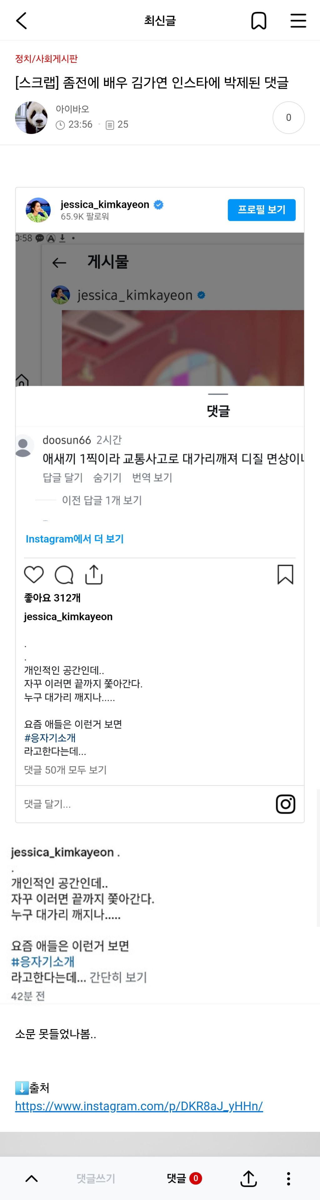 좀전에 배우 김가연 인스타에 박제된 댓글 | 인스티즈