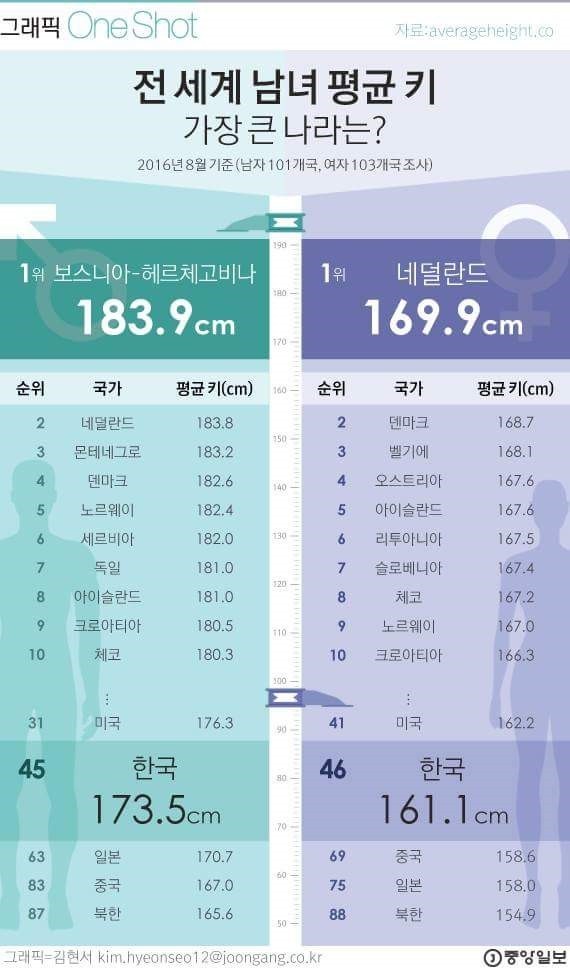 전 세계 남녀 평균키 | 인스티즈