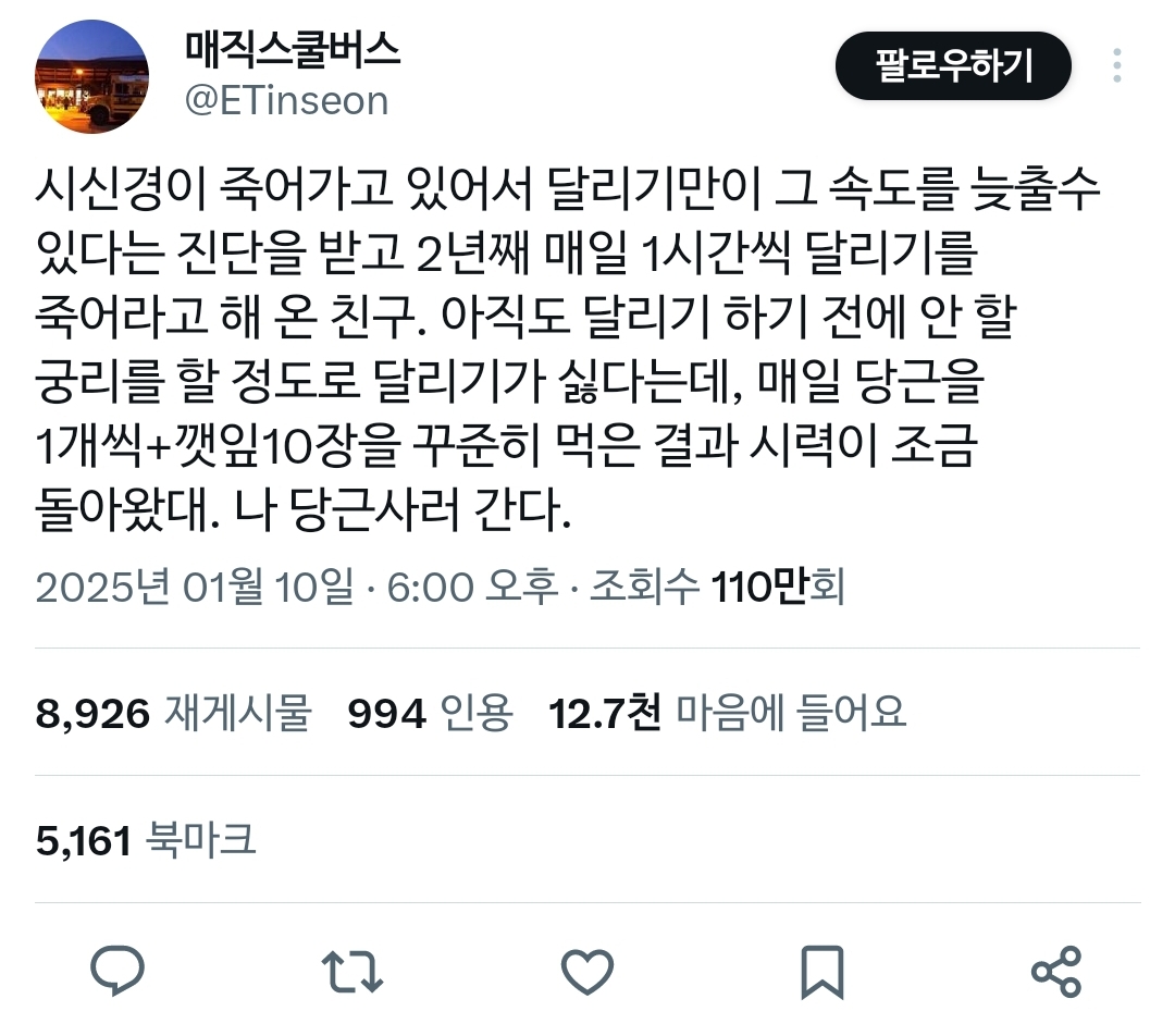 시신경이랑 달리기랑 뭔 상관이지 싶은데 시신경 문제 있는 사람들한테 다 달리기 시키네 .twt | 인스티즈