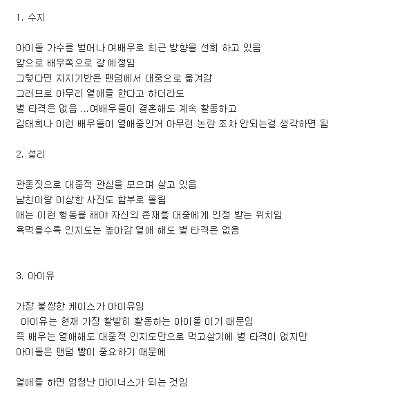 판에서보는 아이유 수지 설리 열애설의 차이점 | 인스티즈
