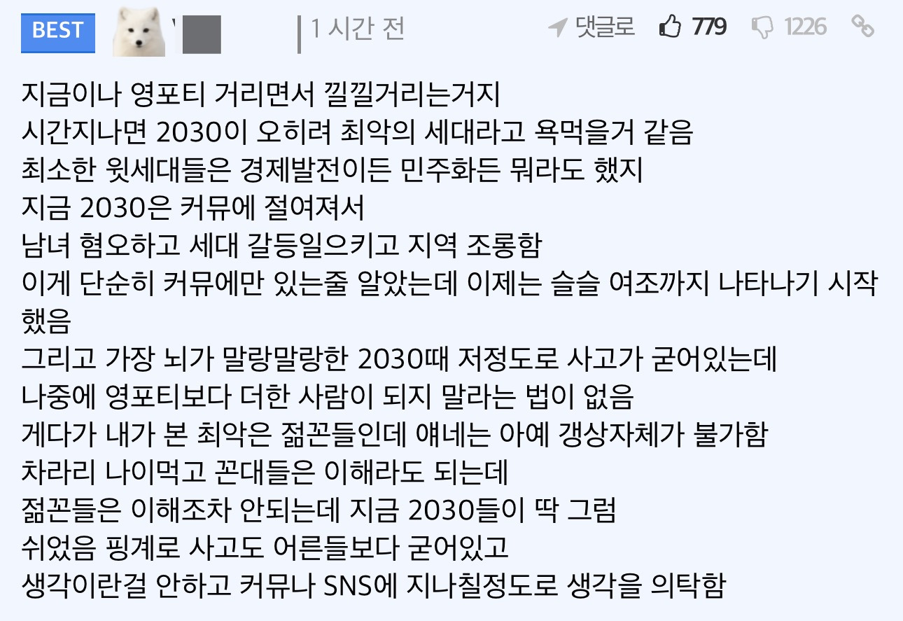 시간지나면 2030이 오히려 최악의 세대라고 욕먹을거 같다는 유저 | 인스티즈