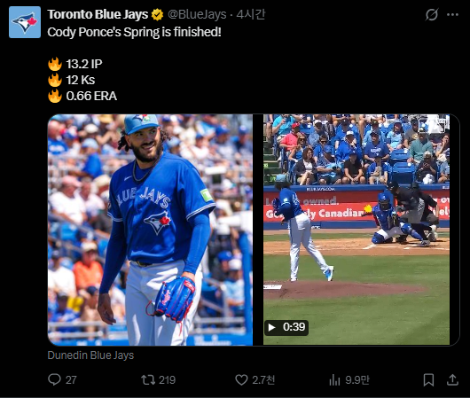 토론토 블루제이스 코디폰세 스프링캠프 성적 | 인스티즈