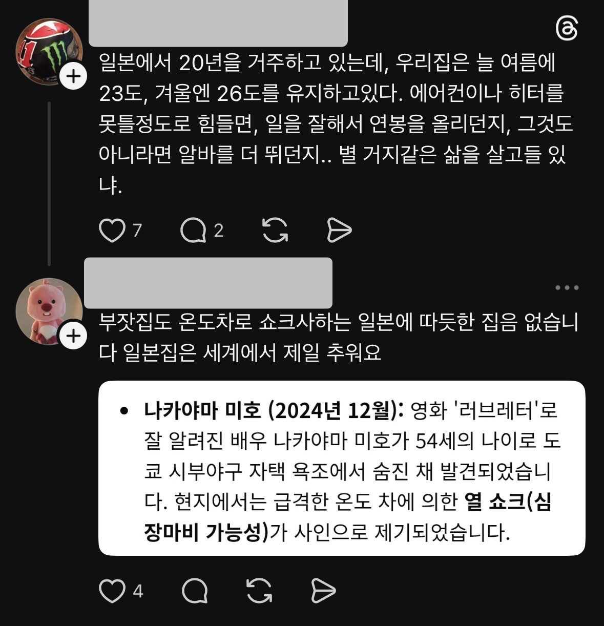 일본집 겨울 추위는 한국이랑 체감이 다르다는 스레드인 | 인스티즈