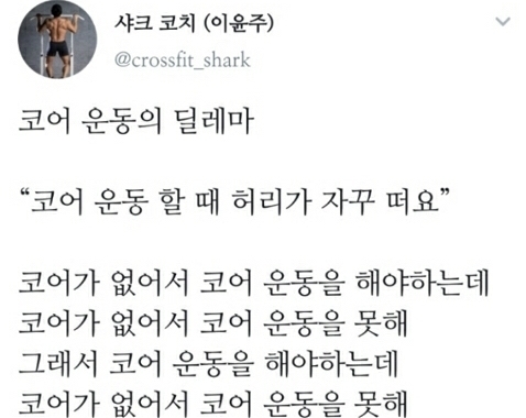코어 만들려고 코어 운동을 하는데 코어가 없어서 코어 운동을 못해.twt | 인스티즈