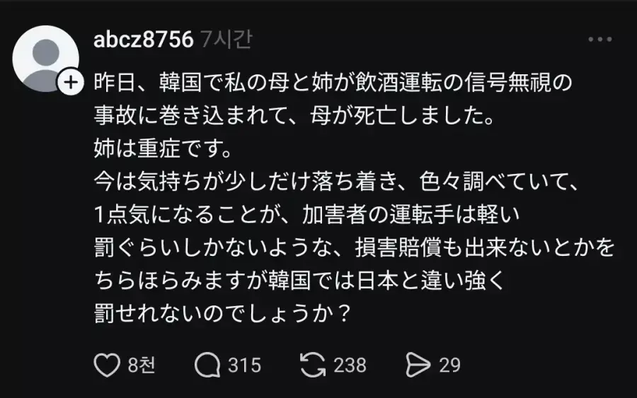 며칠전 음주운전 차량에 숨진 일본 여성의 아들이 쓴 글 | 인스티즈