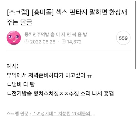 ❤️‍🔥💣섹스 판타지 말하면 환상 개박살내주는 여시들 모임 달글🥰🔪❤️‍🔥 | 인스티즈