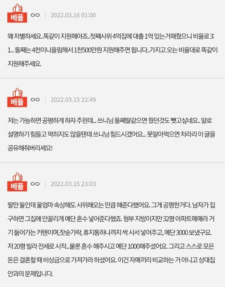 자식에게 뭐든 똑같이 지원해야 하나요? | 인스티즈