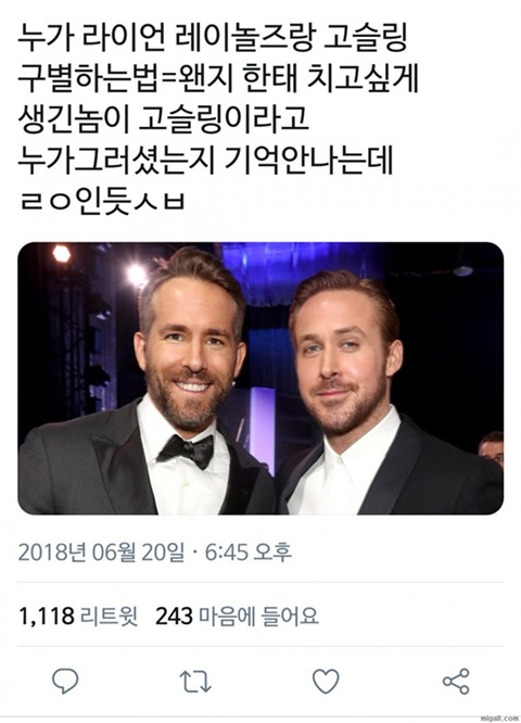 라이언 고슬링이랑 레이놀즈 구분하는법.jpg | 인스티즈