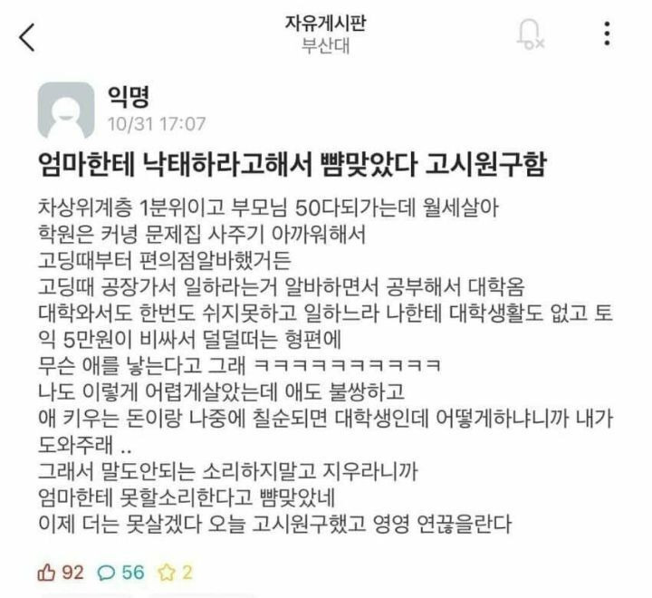 엄마한테 낙태하라고해서 뺨 맞았다 영영 연 끊을란다 | 인스티즈