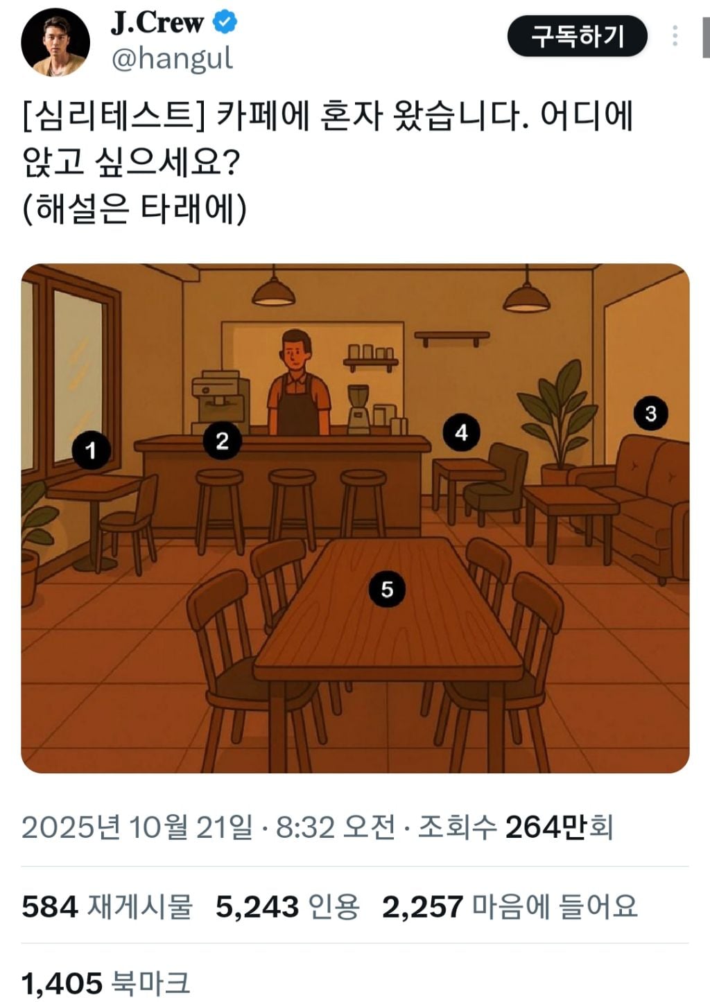 [심리테스트] 카페에 혼자 왔습니다. 어디에 앉고 싶으세요? | 인스티즈