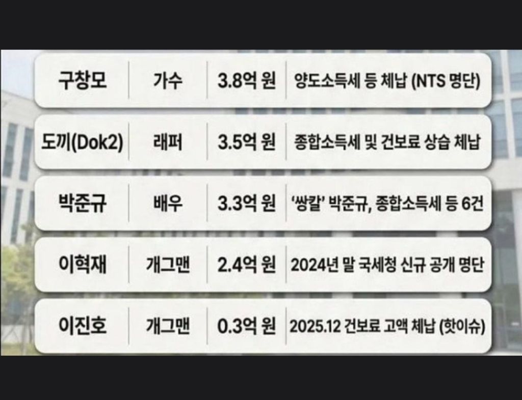 26년 1월기준 연예인 체납 명단 TOP10 | 인스티즈