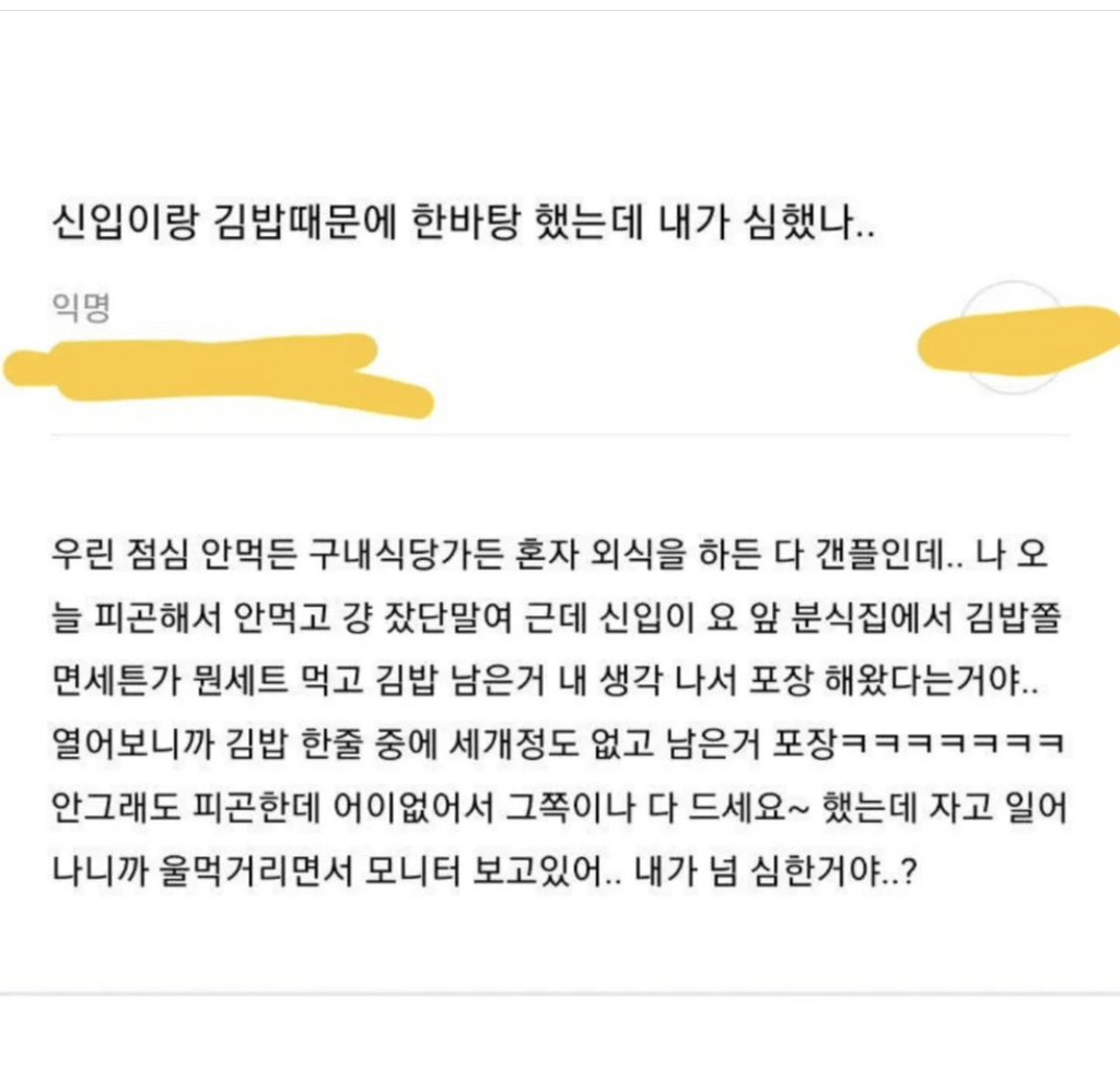 신입이랑 김밥때문에 한바탕 했는데 내가 심했나.. | 인스티즈