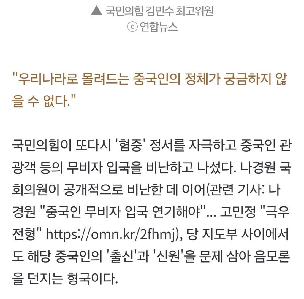 또 '혐중' 선동하는 국힘... "무비자 입국 중국인 정체가 궁금하다" | 인스티즈