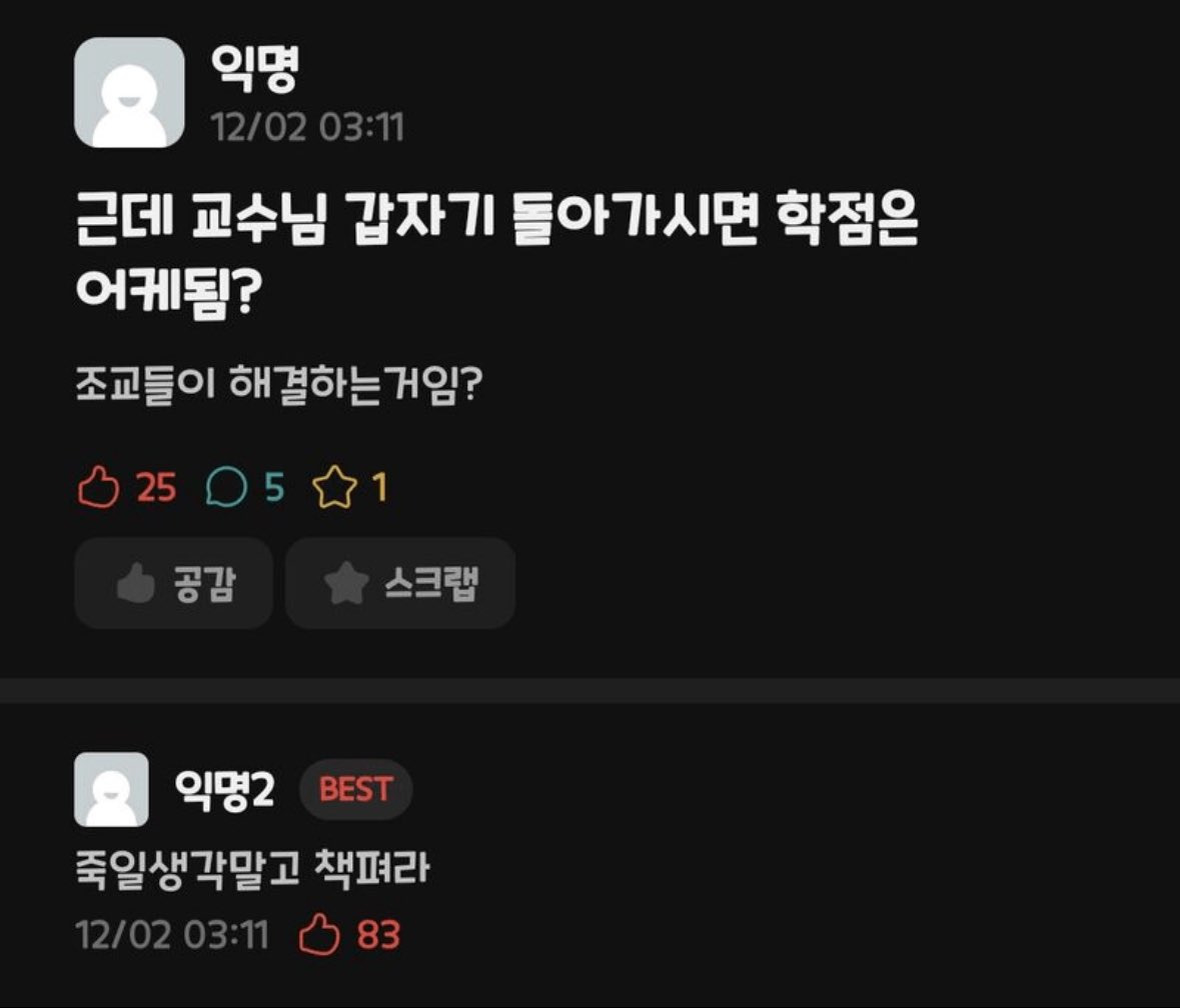 근데 교수님 갑자기 돌아가시면 학점 어케됨? | 인스티즈