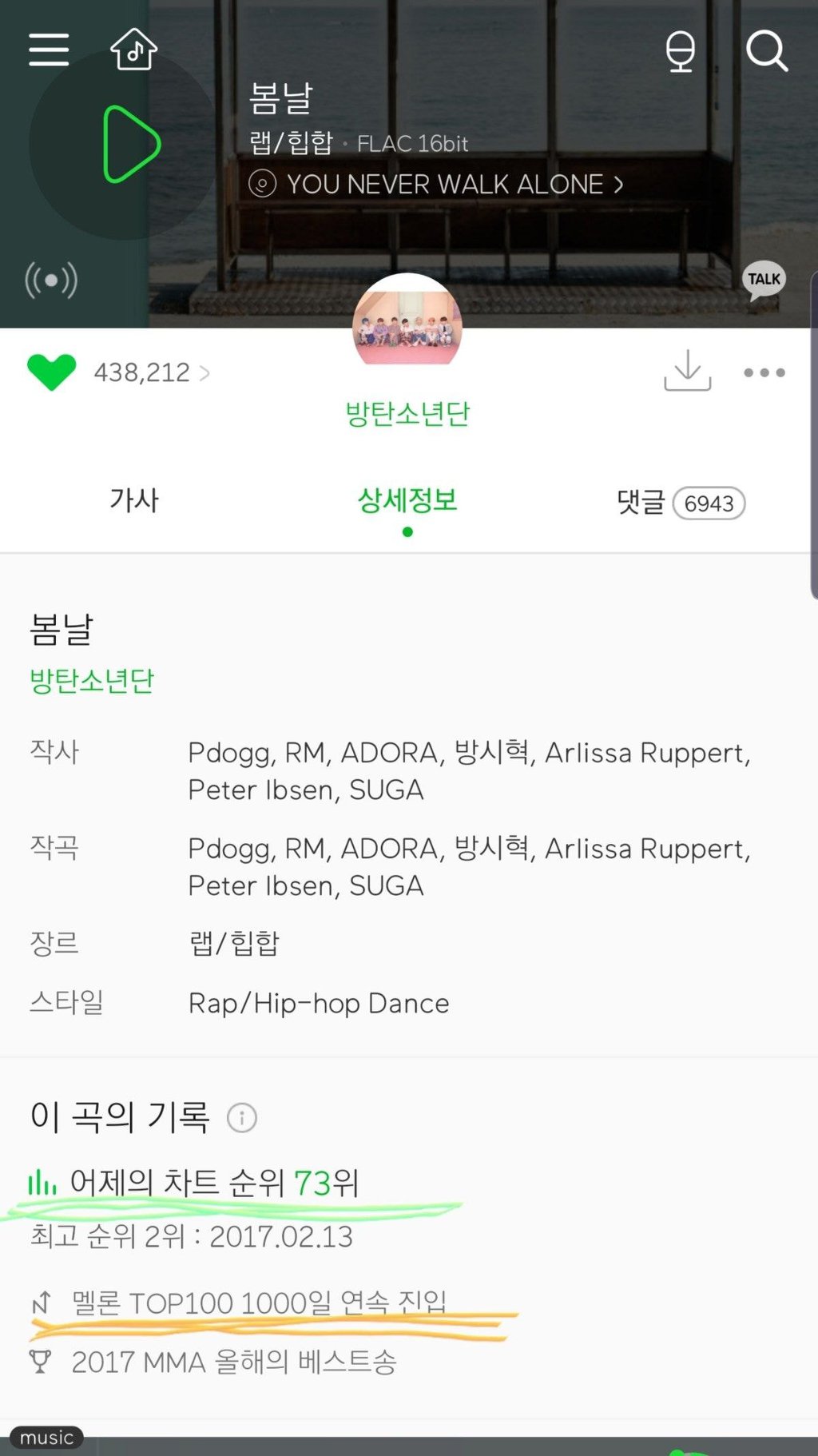 오늘로 멜론 TOP 100 차트인 1000일째가 된 방탄소년단의 대표곡.ytb | 인스티즈