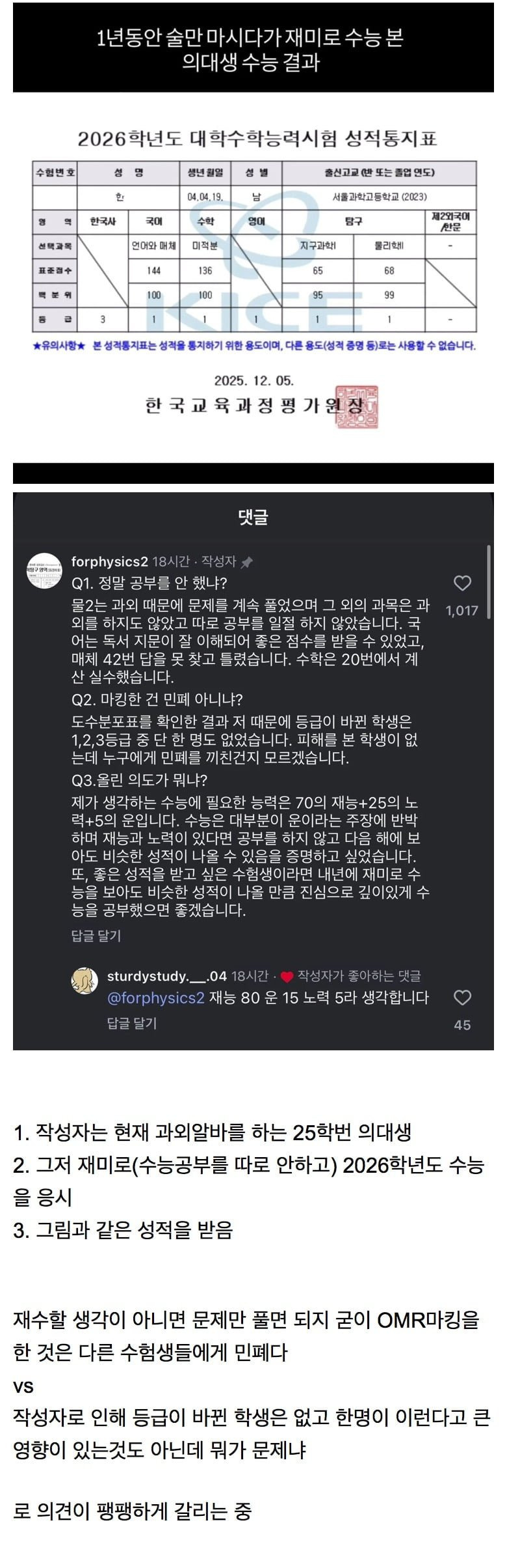 1년동안 술만 마시다가 재미로 수능 본 의대생 수능 결과 | 인스티즈