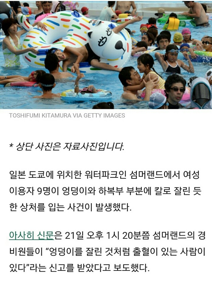 일본 도쿄의 워터파크에서 여성 9명의 엉덩이 살이 잘리는 일이 발생했다 | 인스티즈
