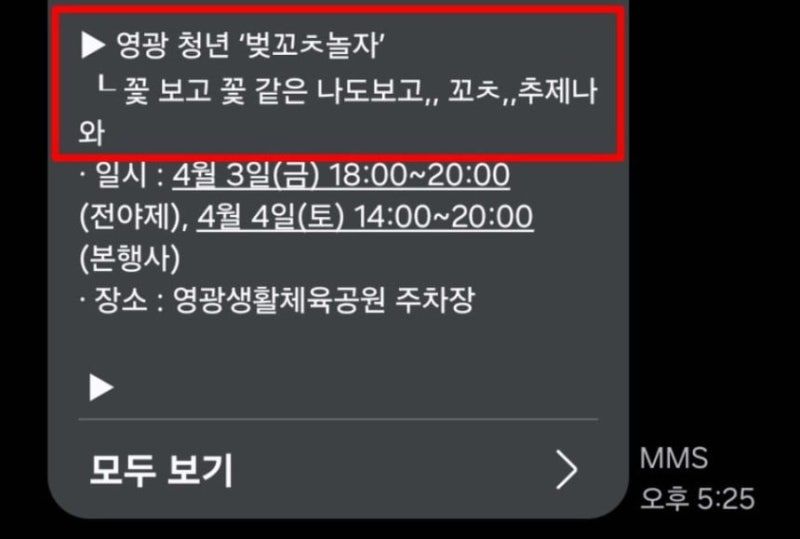 "벚꼬ㅊ놀자, 꼬ㅊ 축제 와" 영광군 청년센터 문자 논란 | 인스티즈
