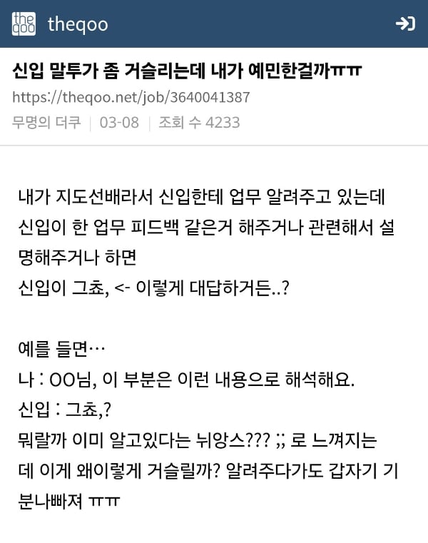 신입 말투가 좀 거슬리는데 내가 예민한걸까ㅠㅠ | 인스티즈