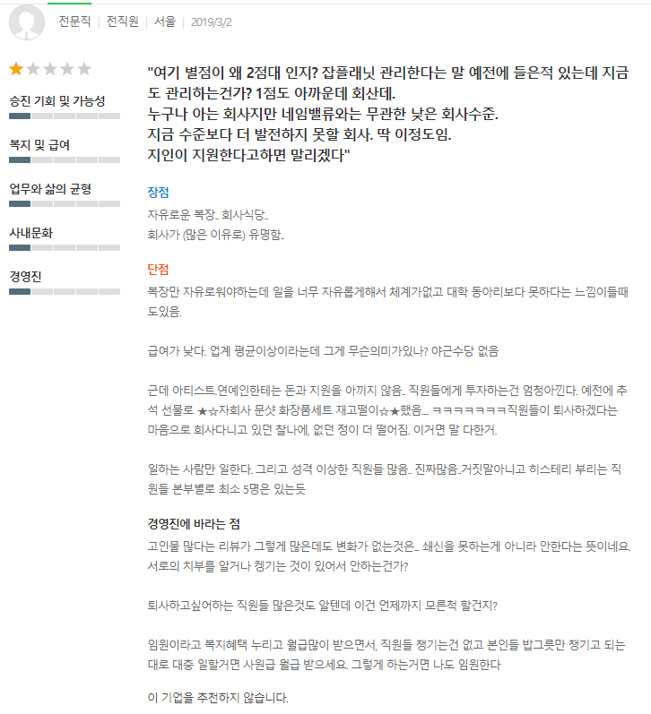 연예 소속사들 잡플래닛 후기.jpg (SM, YG, JYP, 플레디스, 빅히트, DSP) | 인스티즈